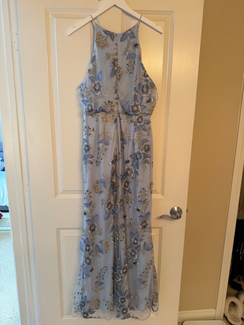 Adrianna Papell Light Blue and Gold Floral Halter Maxi Dress - Size 14 - Picture 10 of 14